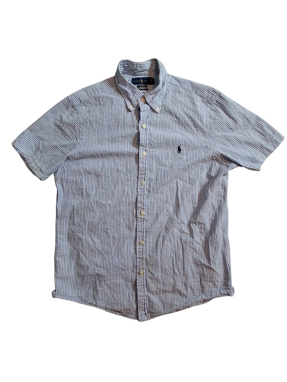 Polo Ralph Lauren Untucked Fit Seersucker Button Up Shirt Mens Medium Blue
